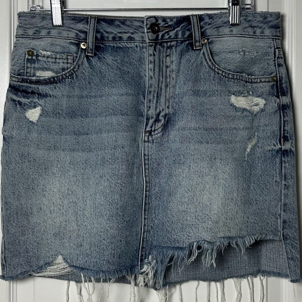 Pistola Blue Medium Wash Distressed Raw Hem Frayed Mini Premium Denim Skirt